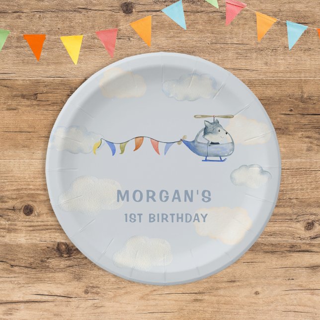 Assiettes En Carton Aquarelle Hélicoptère mignon Loup premier annivers (Créateur téléchargé)