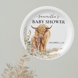 Assiettes En Carton Aquarelle Highland Vache Calf Baby Boho Pampas