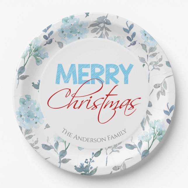 Assiettes En Carton Aquarelle Hiver Bleu Floral | Fêtes (Devant)
