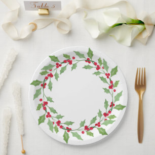 Assiettes En Carton Aquarelle Holly Wreath