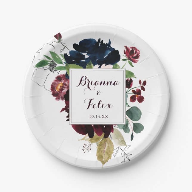 Assiettes En Carton Aquarelle Illustré Automne Mariage Floral Gâteau (Devant)
