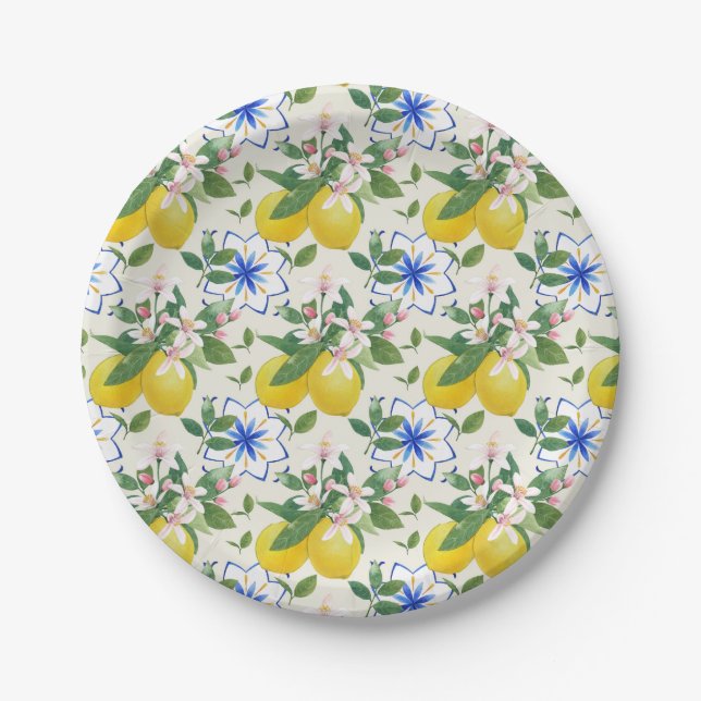 Assiettes En Carton Aquarelle Italienne Carrelage Citron Motif (Devant)