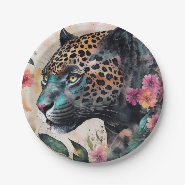 Assiettes En Carton Aquarelle Jaguar Art Floral (Devant)
