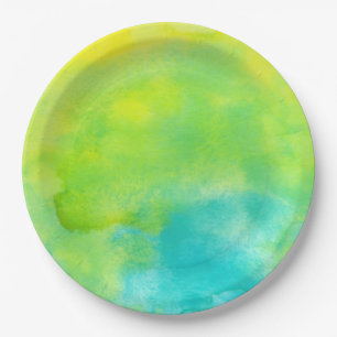 Assiettes En Carton Aquarelle jaune citron et bleu turquoise