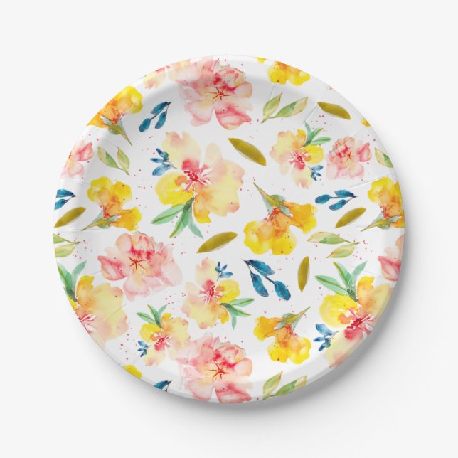 Assiettes En Carton Aquarelle jaune et rose chaude Florale (Devant)