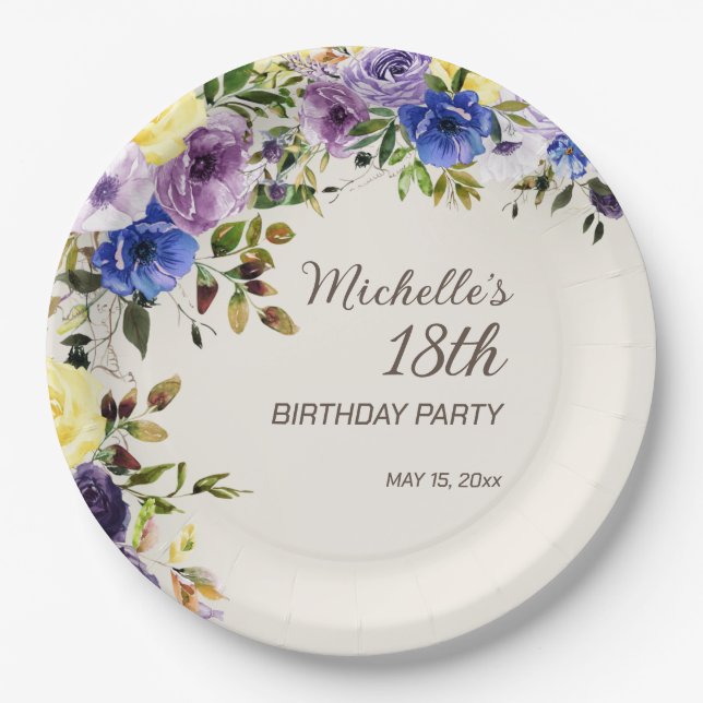 Assiettes En Carton Aquarelle jaune pourpre Floral 18e anniversaire (Devant)