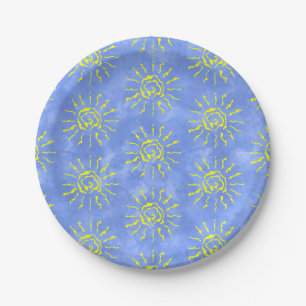 Assiettes En Carton Aquarelle Jaune Soleil Arrière - plan Bleu