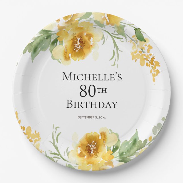 Assiettes En Carton Aquarelle Jaune Verdure Florale 80e anniversaire (Devant)