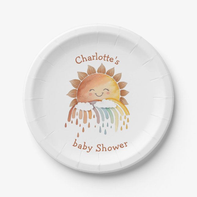 Assiettes En Carton Aquarelle Joyeux Baby shower de soleil Jaune (Devant)