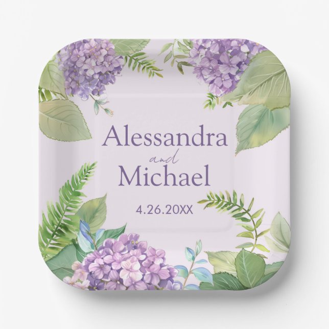 Assiettes En Carton Aquarelle Lavande Hydrangea Fleurs Mariage (Recto)