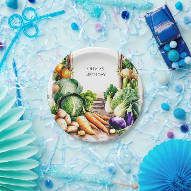 Assiettes En Carton Aquarelle Légumes Farmants Marché Anniversaire (Fête)