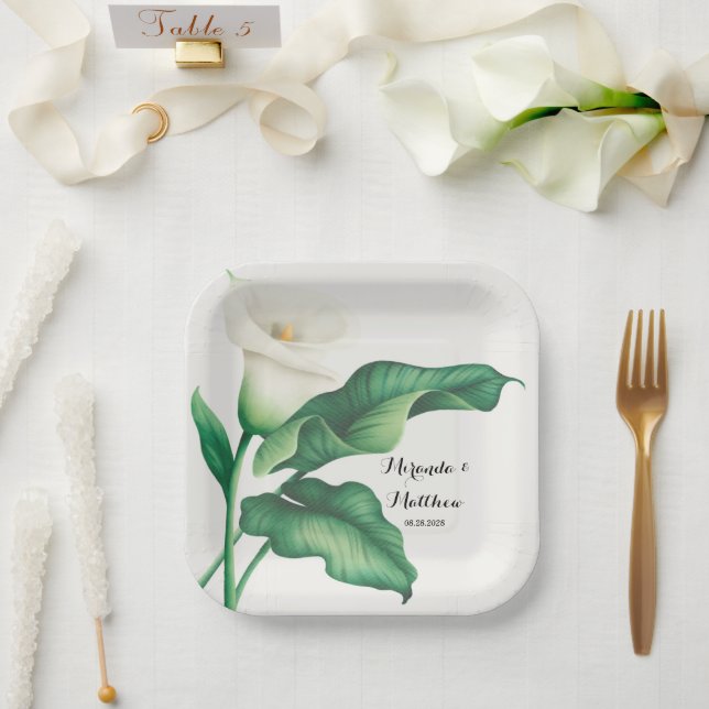 Assiettes En Carton Aquarelle Lit blanc avec Mariage de feuillage vert (Mariage)