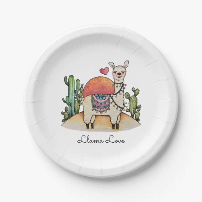 Assiettes En Carton Aquarelle Llama Avec Cactus (Devant)