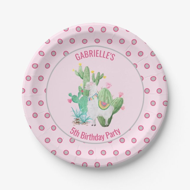 Assiettes En Carton Aquarelle Llama et Cactus - Fête d'anniversaire de (Devant)