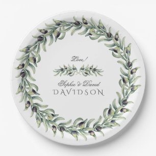 Assiettes En Carton Aquarelle luxuriante Branches d'olive Mariage de c