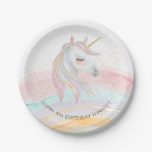 Assiettes En Carton Aquarelle magique Unicorne Anniversaire