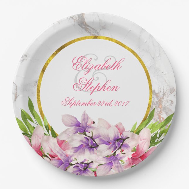 Assiettes En Carton Aquarelle Magnolias, Faux Marble Texture Mariage (Devant)