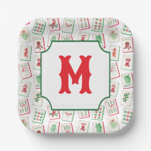 Assiettes En Carton Aquarelle Mahjong Rouge & Vert Noël Monogramme