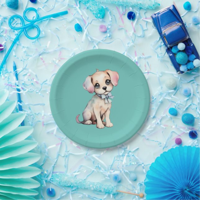 Assiettes En Carton Aquarelle Main Tirée Puppy Avec Poudre Bleu Bow (Fête)