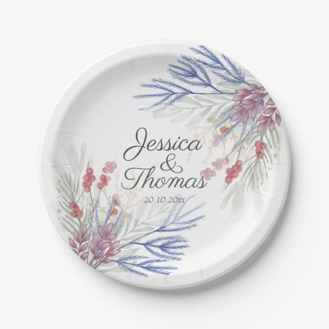 Assiettes En Carton Aquarelle Mariage du feuillage d'hiver (Devant)