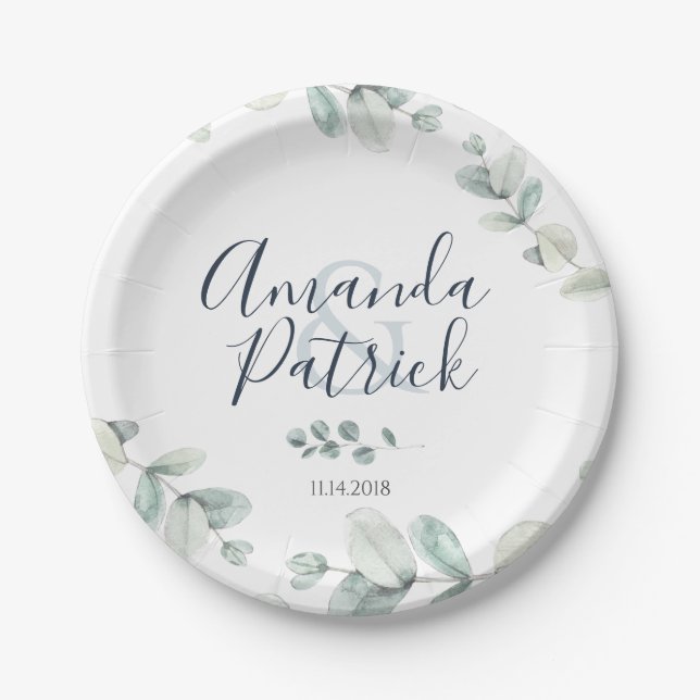 Assiettes En Carton Aquarelle Mariage Eucalyptus Plaque papier (Devant)