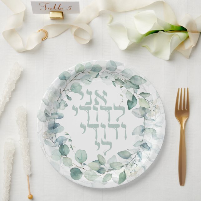 Assiettes En Carton Aquarelle Mariage juif Hébreu Ani Ledodi (Mariage)