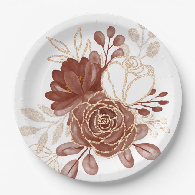 Assiettes En Carton Aquarelle Maron Gold Floral (Devant)