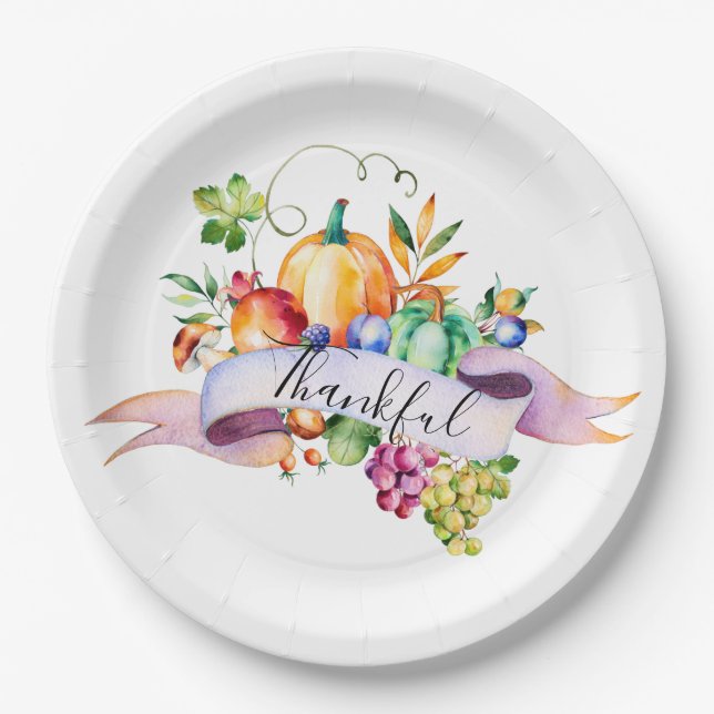 Assiettes En Carton Aquarelle "Merci" Bannière Thanksgiving Citrouille (Devant)