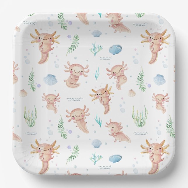 Assiettes En Carton Aquarelle mignonne Axolotl Anniversaire Papier pla (Recto)