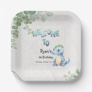 Assiettes En Carton Aquarelle mignonne Bébé Dinosaure 1er anniversaire