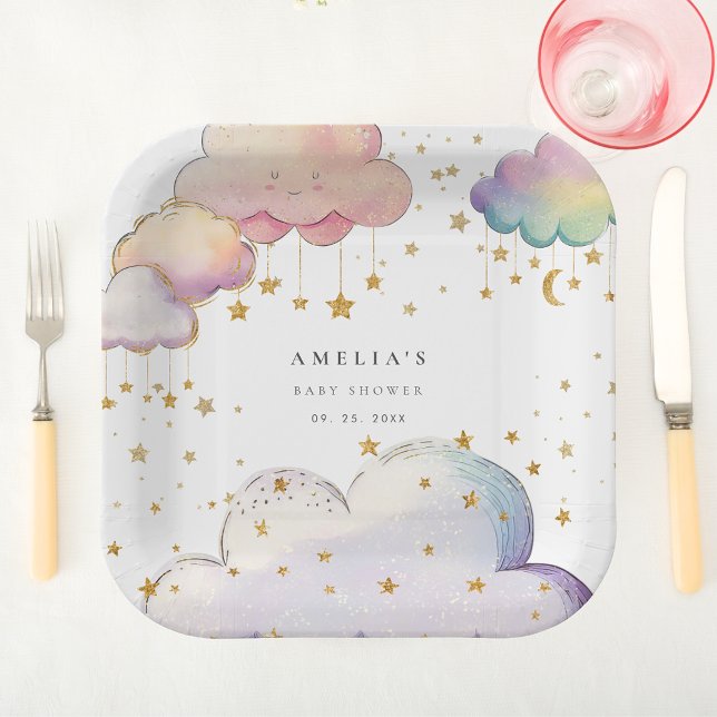 Assiettes En Carton Aquarelle mignonne Cloud Star Baby Girl Douche (Créateur téléchargé)