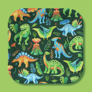 Assiettes En Carton Aquarelle mignonne Dinosaures Garçons fête d'anniv