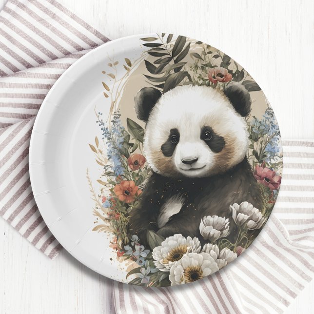Assiettes En Carton Aquarelle mignonne Fleur sauvage Panda Ours Annive (Créateur téléchargé)