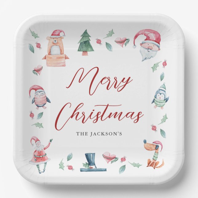 Assiettes En Carton Aquarelle mignonne Joyeux Noël personnalisé (Recto)