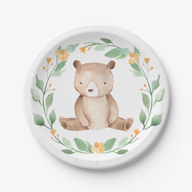 Assiettes En Carton Aquarelle mignonne Ours Bébé Baby shower de bois (Devant)