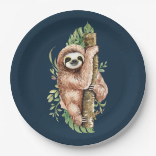 Assiettes En Carton Aquarelle mignonne Sloth & Feuilles tropicaux