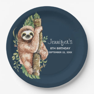 Assiettes En Carton Aquarelle mignonne Sloth & Feuilles tropicaux Anni