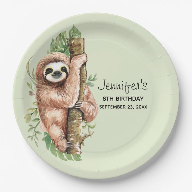 Assiettes En Carton Aquarelle mignonne Sloth & Feuilles tropicaux Anni (Devant)