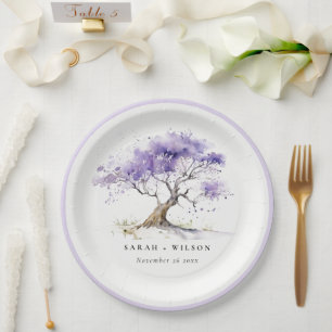 Assiettes En Carton Aquarelle minimale Lilac Jacaranda Mariage arbre