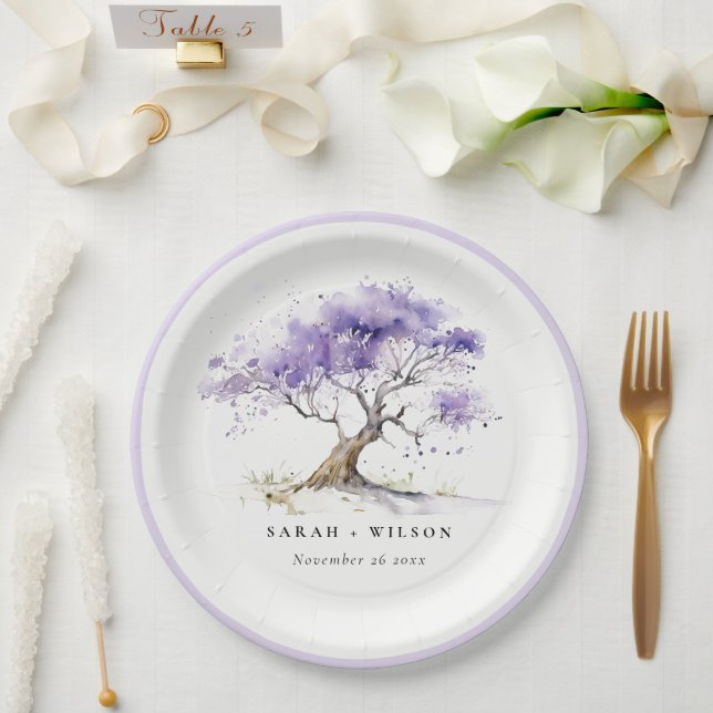 Assiettes En Carton Aquarelle minimale Lilac Jacaranda Mariage arbre (Mariage)