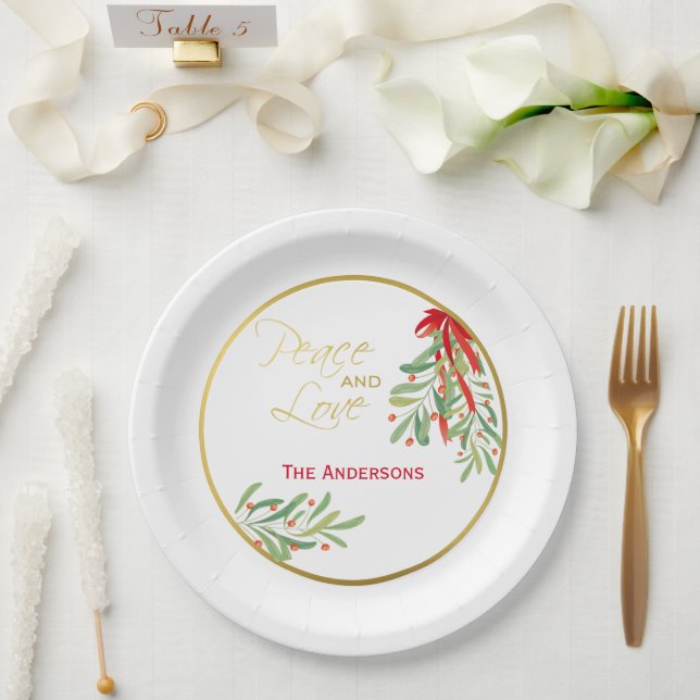Assiettes En Carton Aquarelle Mistletoe & Or | Vacances personnalisées (Mariage)