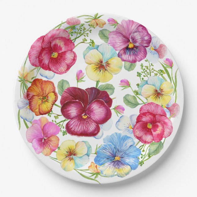 Assiettes En Carton Aquarelle mixte Fleurs de Pansy  (Devant)