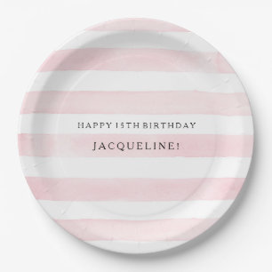 Assiettes En Carton Aquarelle MODERNE Chic Large Stripes avec Rose