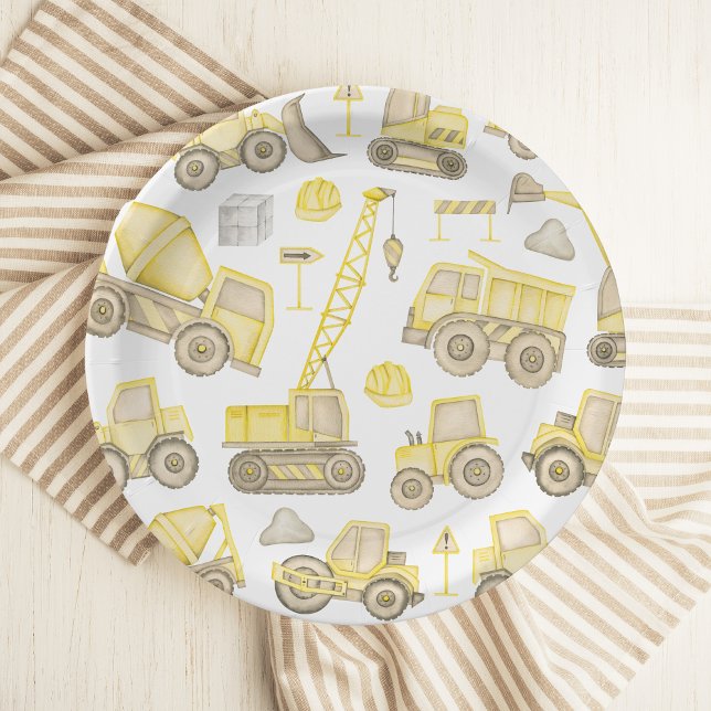 Assiettes En Carton Aquarelle moderne Construction Véhicule Anniversai (Créateur téléchargé)