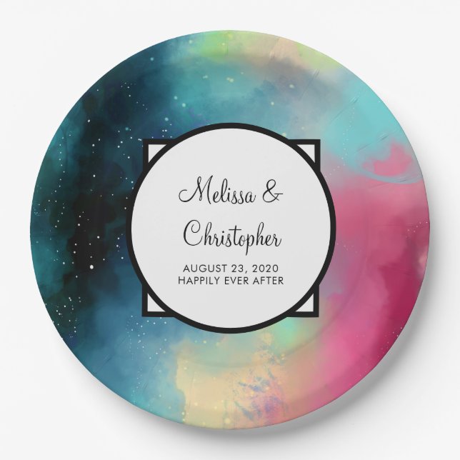 Assiettes En Carton Aquarelle moderne Green & Red Space Nebula (Devant)