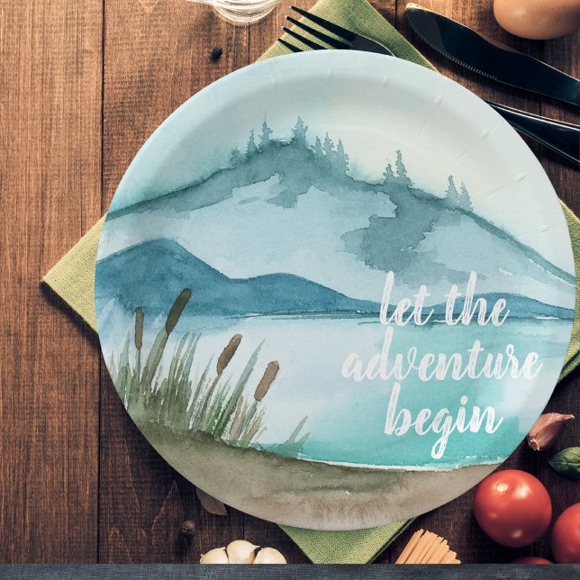 Assiettes En Carton Aquarelle moderne Nature Commençons l'aventure (Créateur téléchargé)