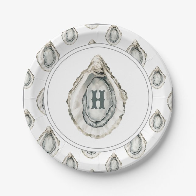 Assiettes En Carton Aquarelle Monogramme Huître côtière (Devant)