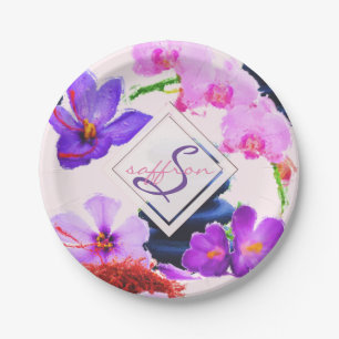Assiettes En Carton Aquarelle Monogramme safran et fleurs d'orchidées 
