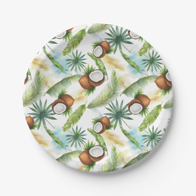 Assiettes En Carton Aquarelle Motif de noix de coco tropicale (Devant)