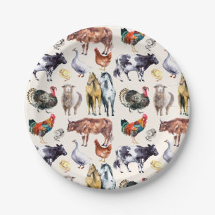 Assiettes En Carton Aquarelle motif des animaux de ferme